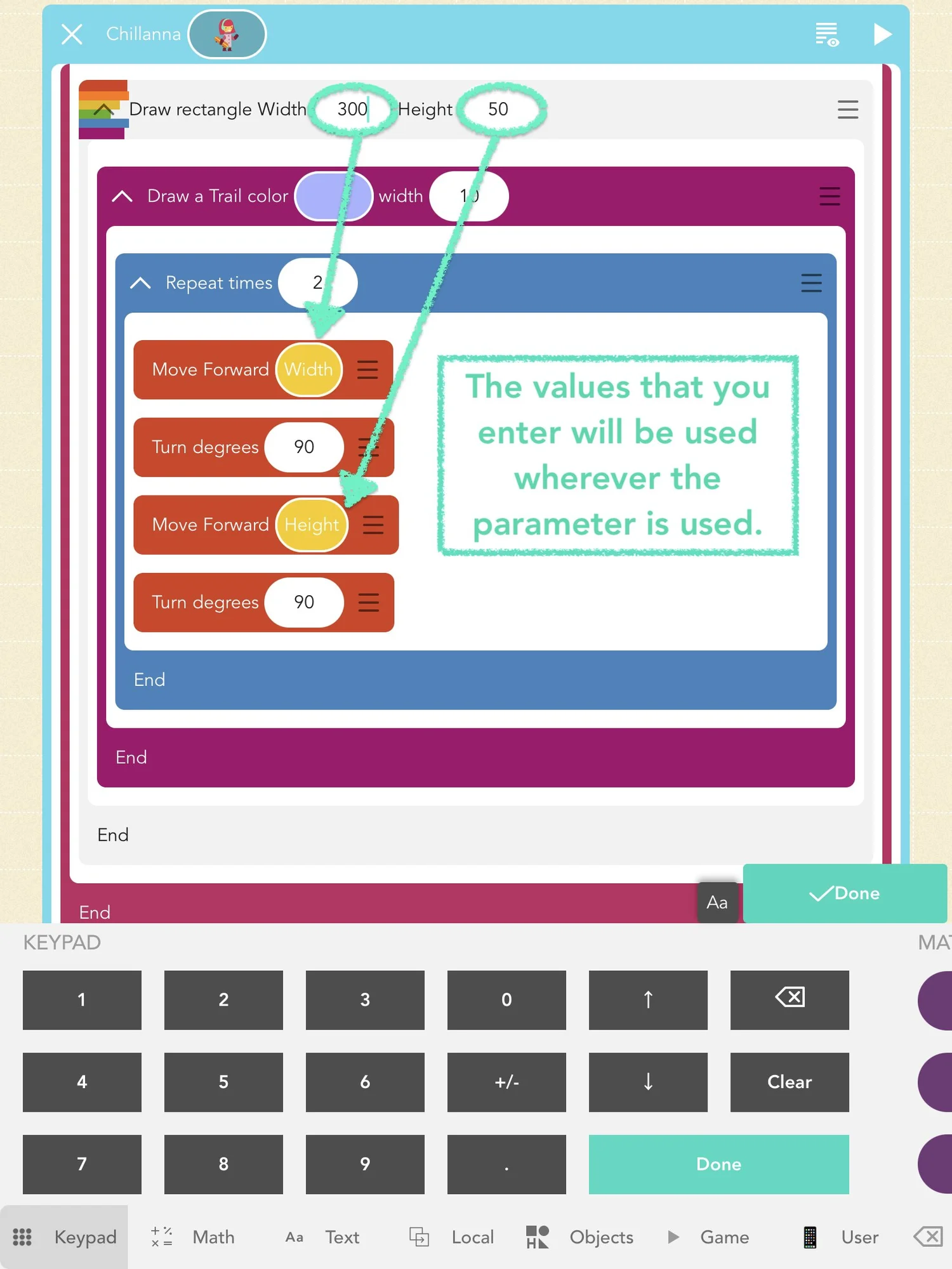 A screenshot of the Hopscotch app showing how to pass different values to parameters when using a custom ability