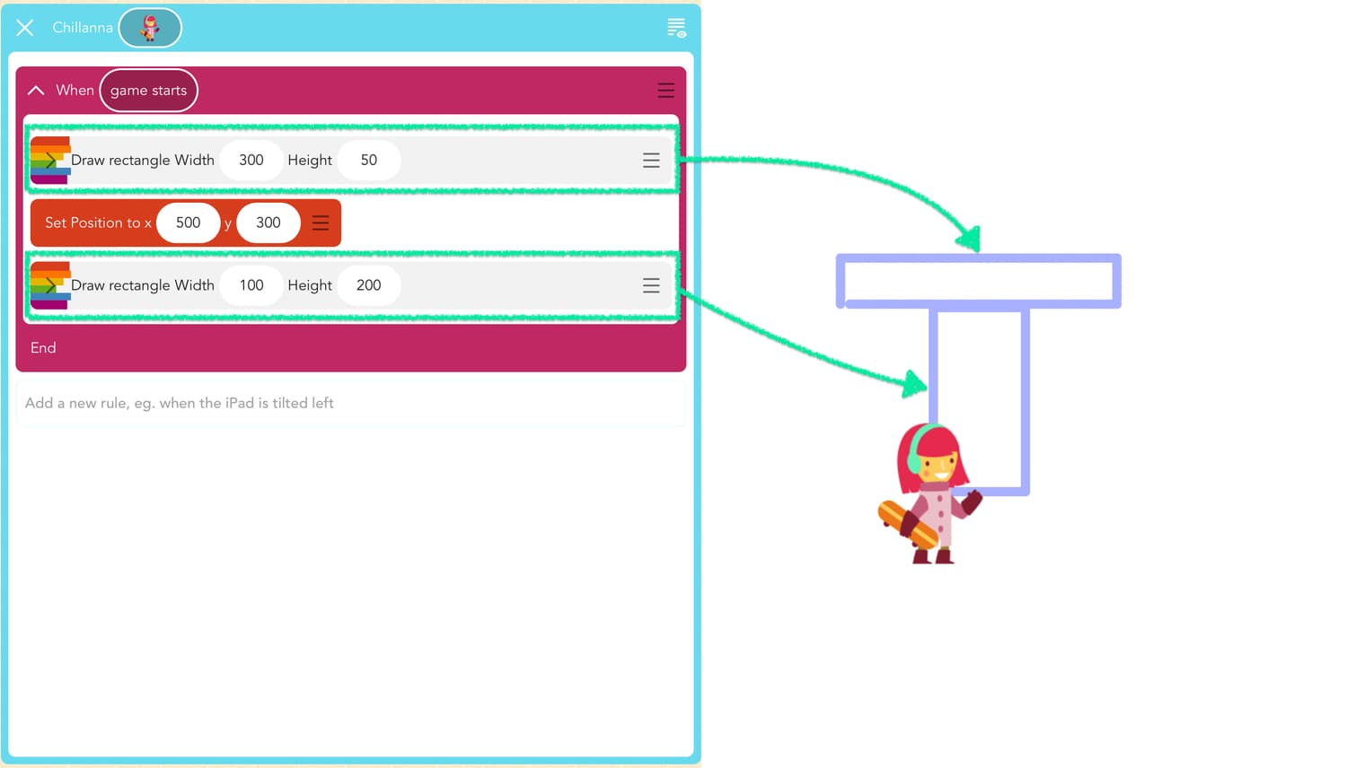 A screenshot of the Hopscotch app showing a sample project that uses parameters in a custom ability