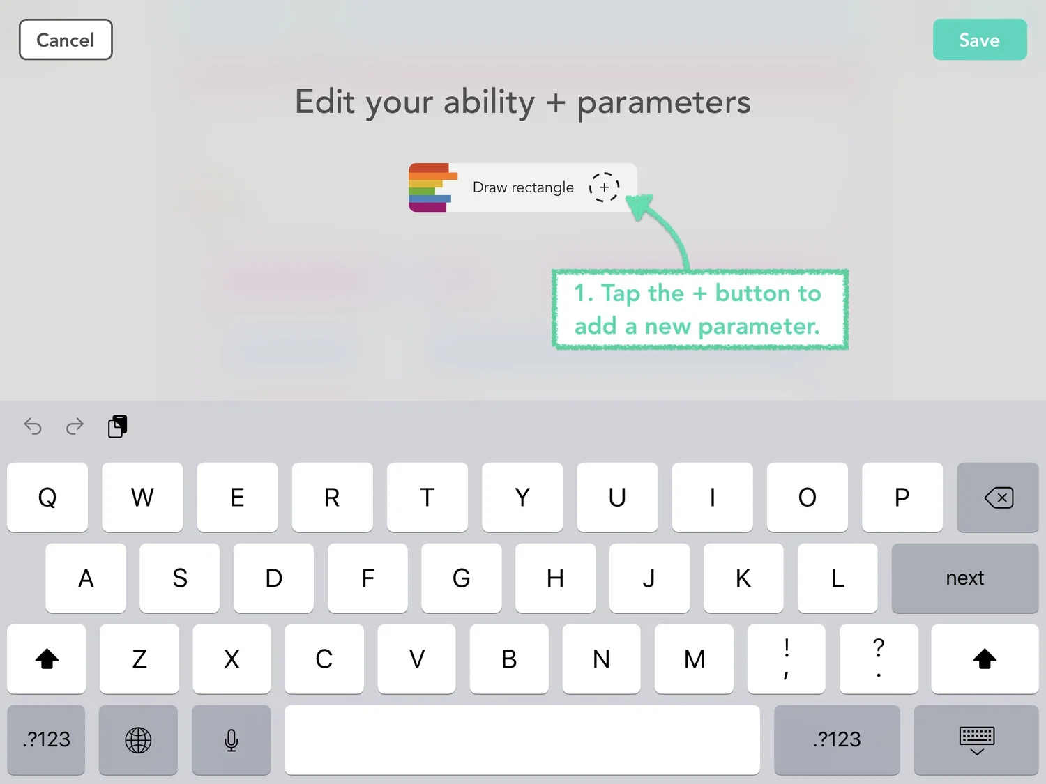 A screenshot of the Hopscotch app showing the plus button to add a parameter