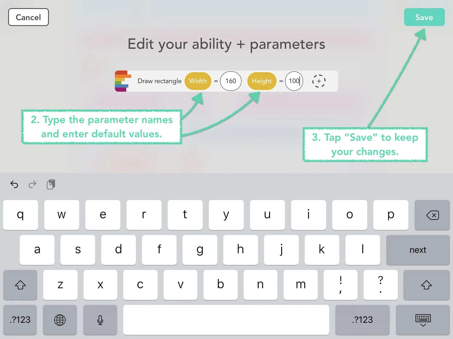 A screenshot of the Hopscotch app showing the parameter name and default value fields