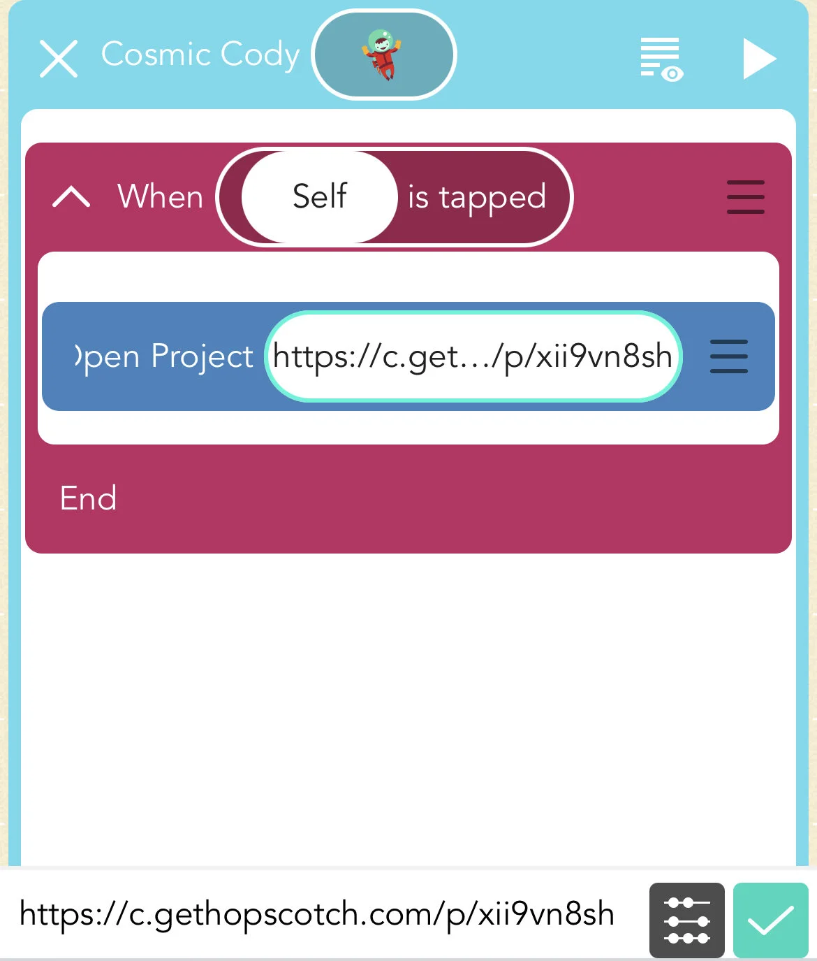 A screenshot of the Hopscotch app showing the Open Project block in use