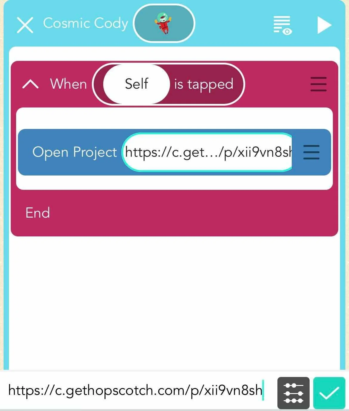 A screenshot of the Hopscotch app showing the Open Project block in use