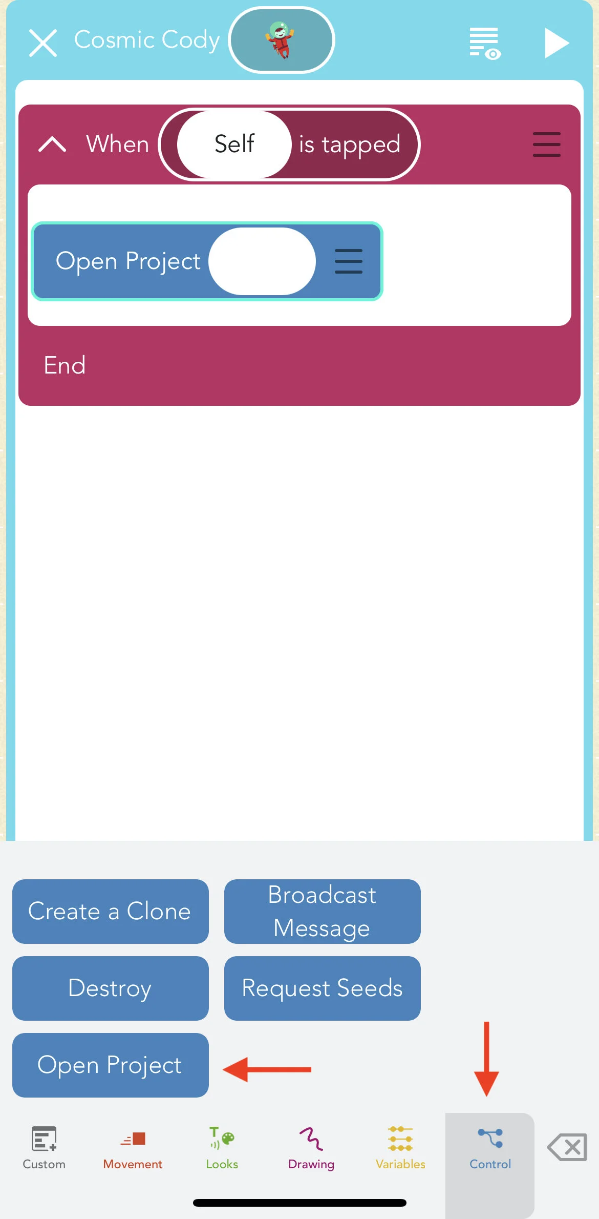 A screenshot of the Hopscotch app showing the Open Project block in the Control section of the editor keyboard