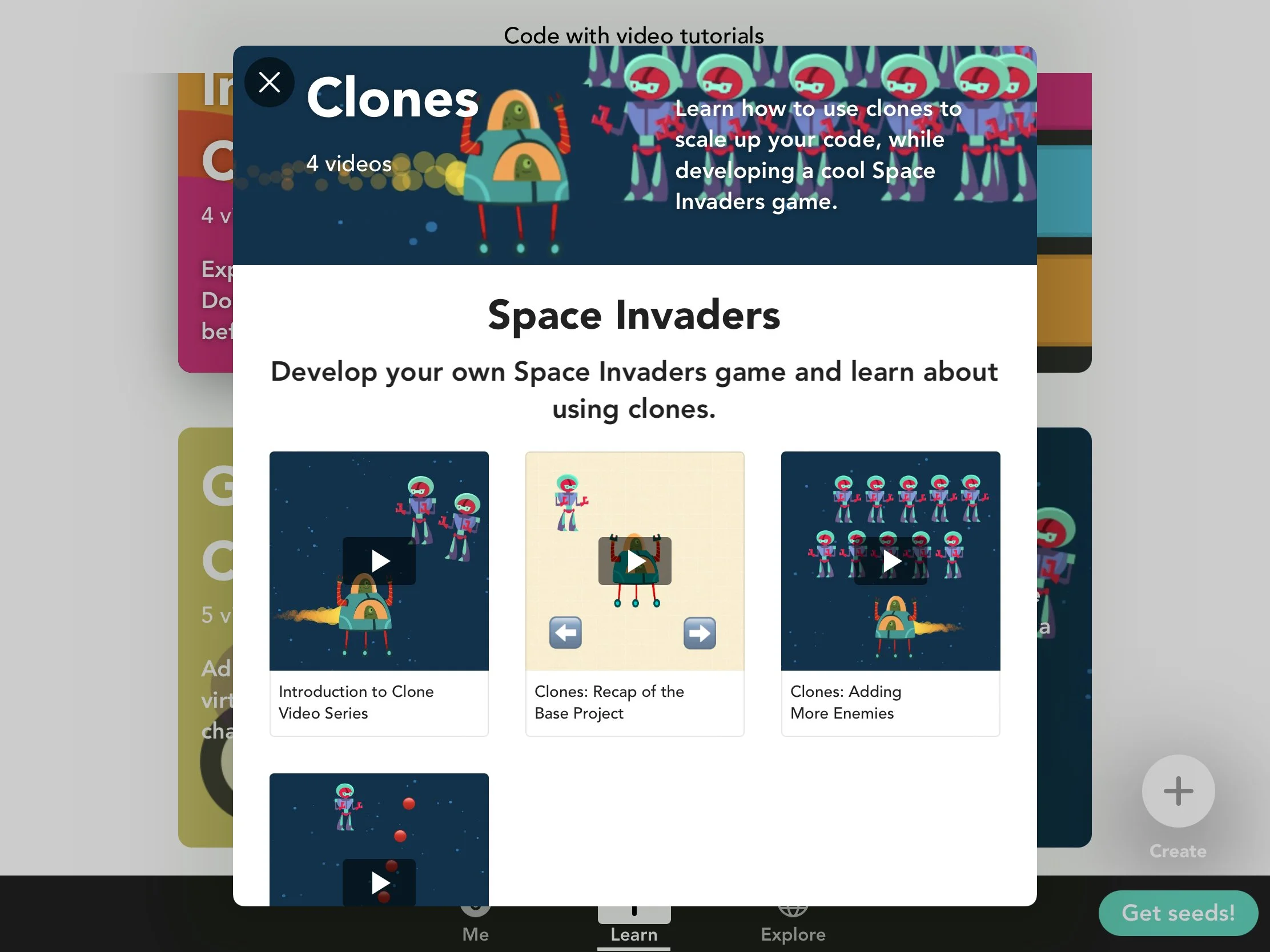 A preview image for the new Clones video series, showing a space invaders game with many clones of the same alien ship